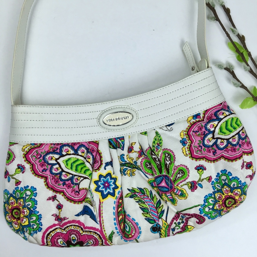NEW VERA BRADLEY White LEATHER Trim Hobo Bag